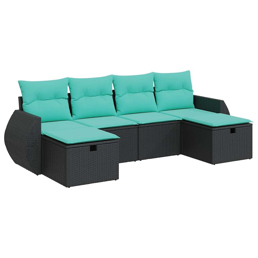 6-delige Loungeset met kussens poly rattan zwart