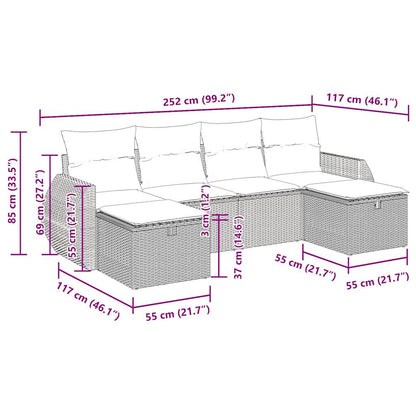6-delige Loungeset met kussens poly rattan zwart