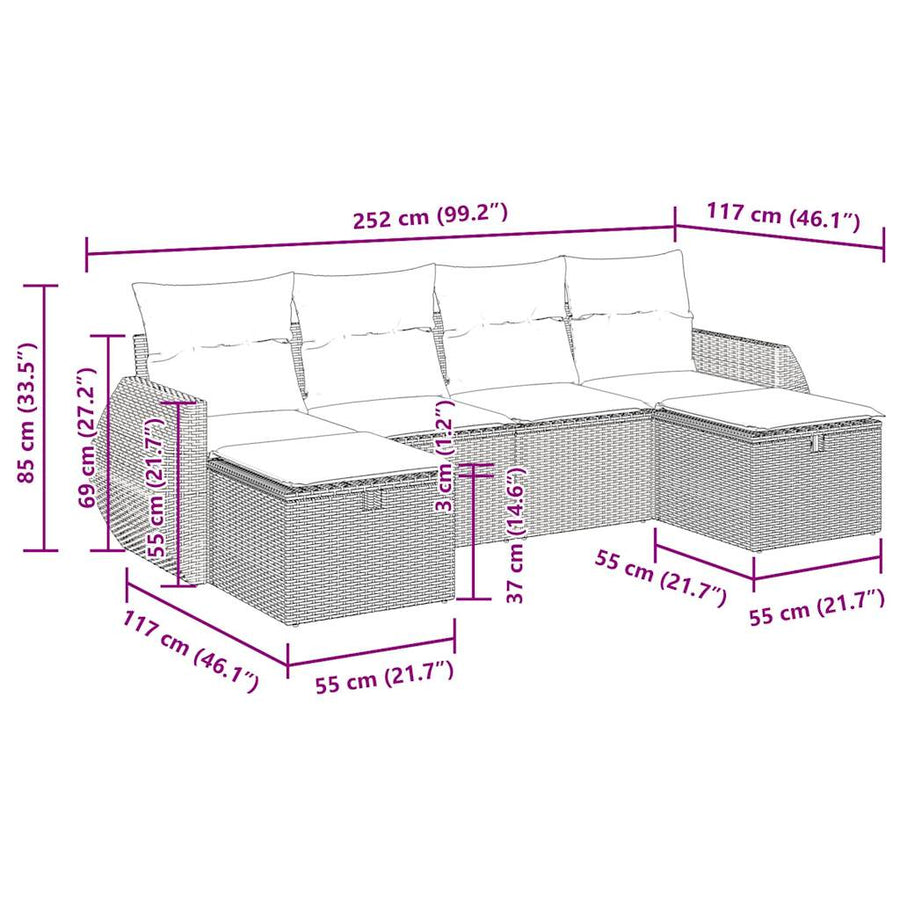 6-delige Loungeset met kussens poly rattan zwart