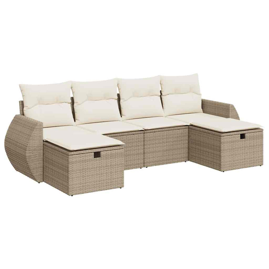 6-delige Loungeset met kussens poly rattan beige