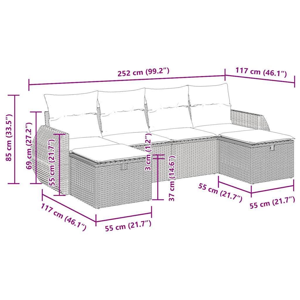 6-delige Loungeset met kussens poly rattan grijs