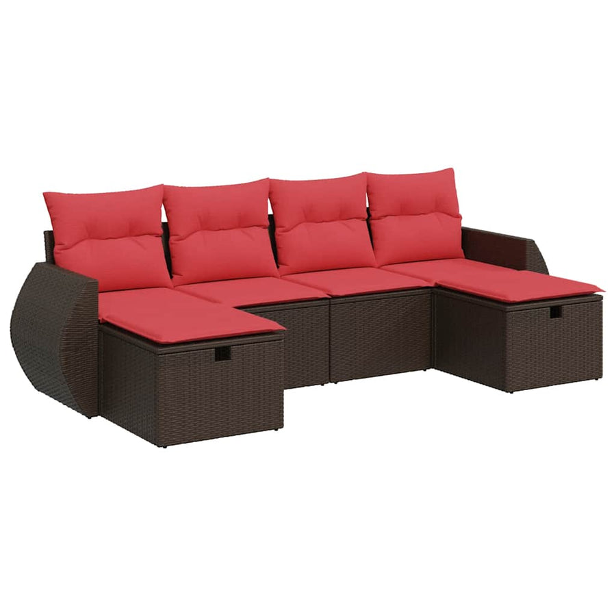 6-delige Loungeset met kussens poly rattan bruin