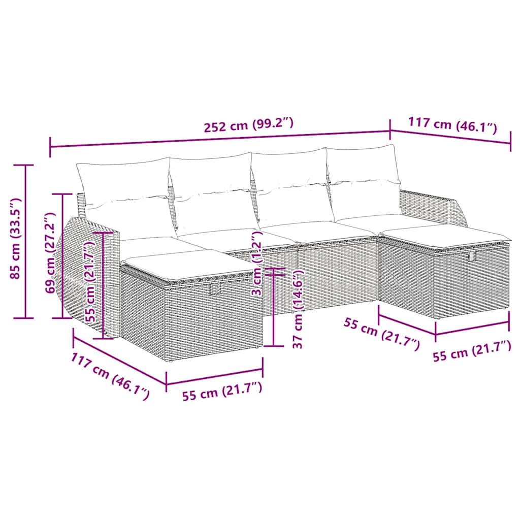 6-delige Loungeset met kussens poly rattan bruin