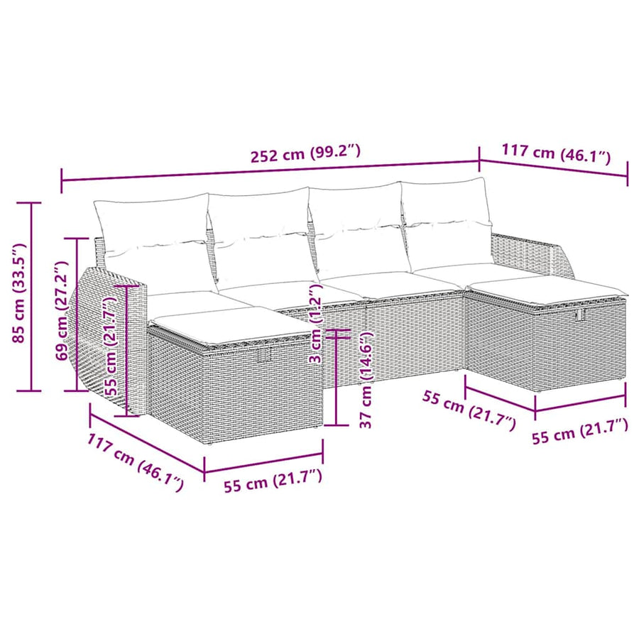 6-delige Loungeset met kussens poly rattan bruin