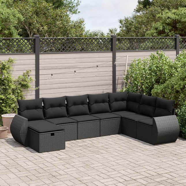 8-delige Loungeset met kussens poly rattan zwart