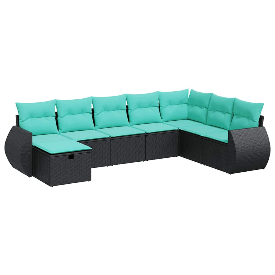 8-delige Loungeset met kussens poly rattan zwart