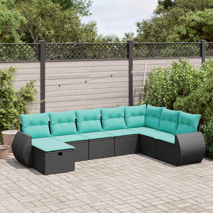 8-delige Loungeset met kussens poly rattan zwart