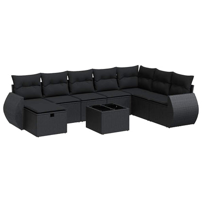 9-delige Loungeset met kussens poly rattan zwart