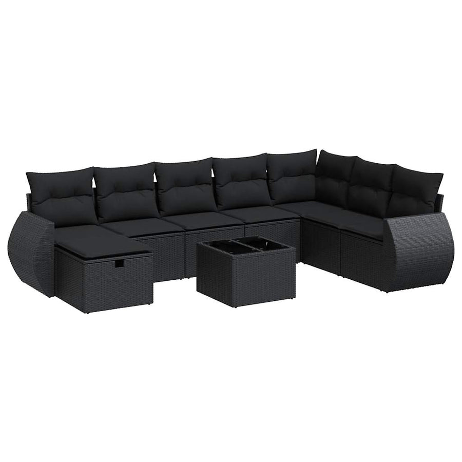 9-delige Loungeset met kussens poly rattan zwart