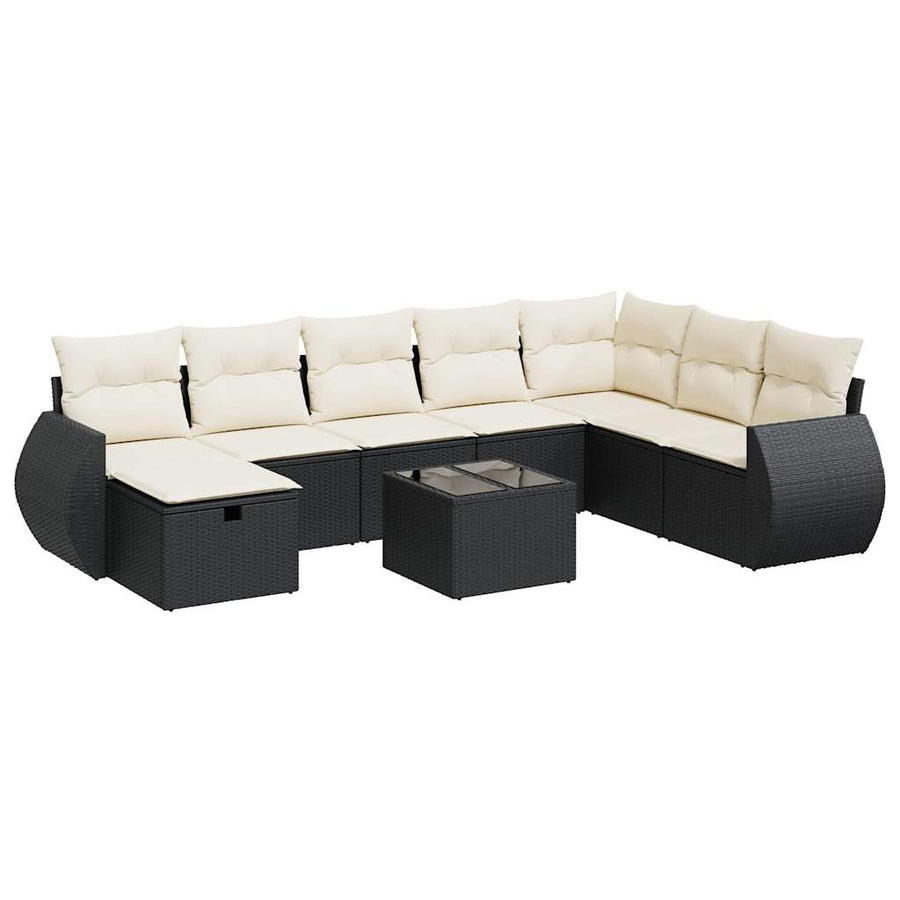 9-delige Loungeset met kussens poly rattan zwart