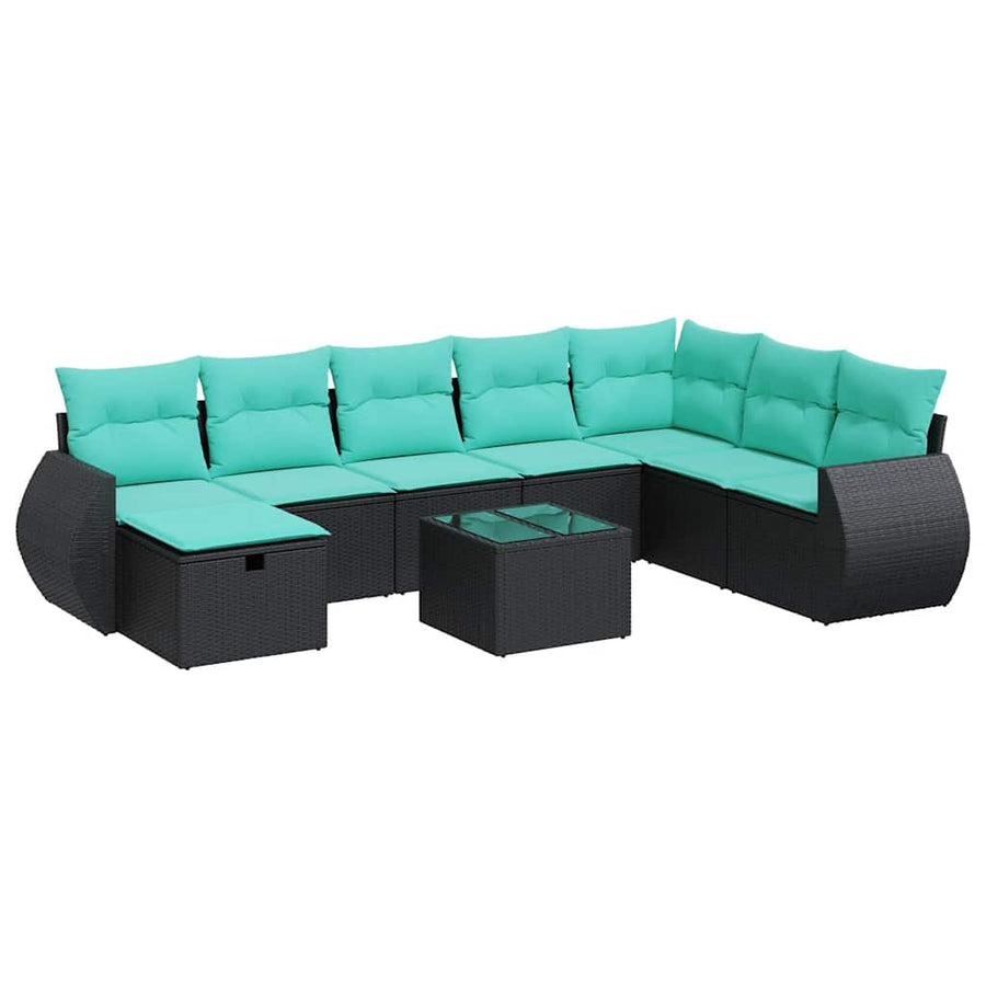 9-delige Loungeset met kussens poly rattan zwart
