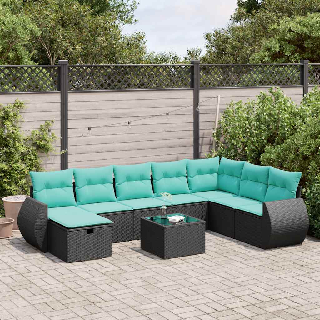 9-delige Loungeset met kussens poly rattan zwart