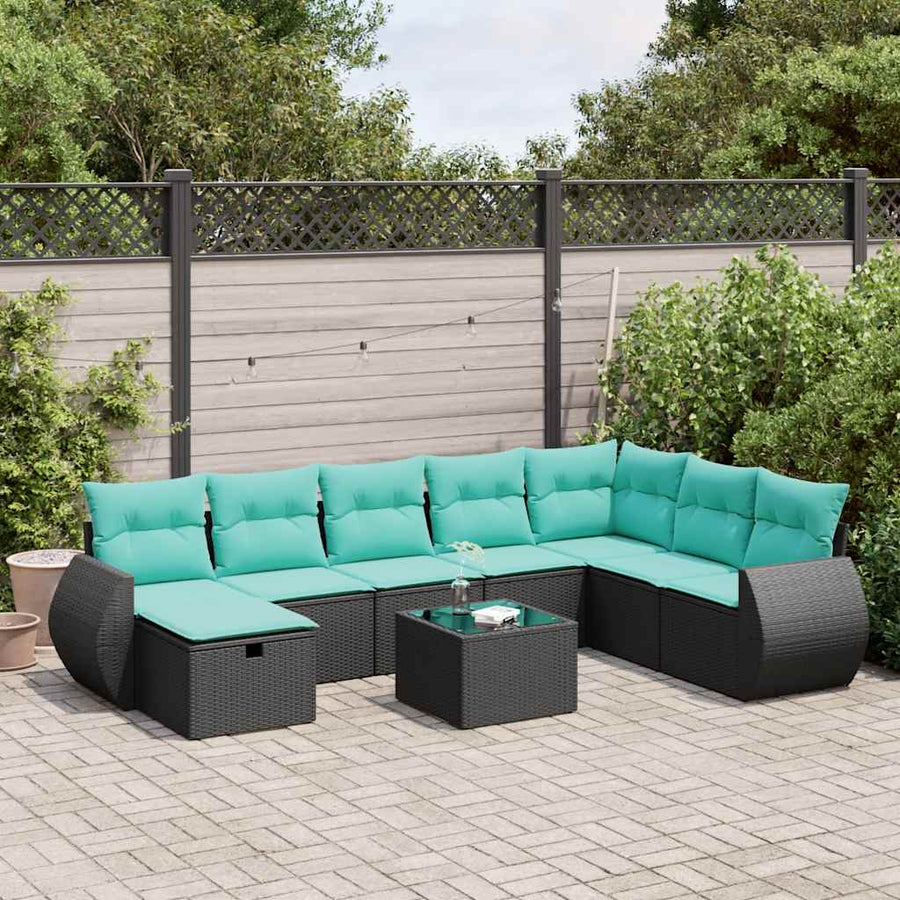 9-delige Loungeset met kussens poly rattan zwart