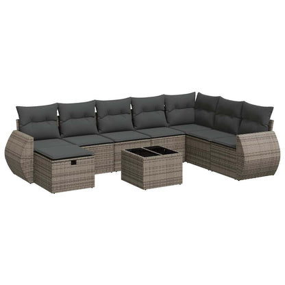9-delige Loungeset met kussens poly rattan grijs