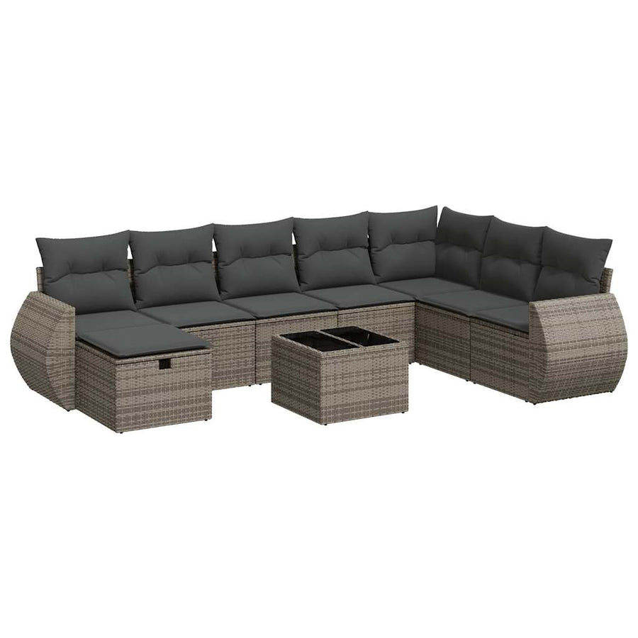9-delige Loungeset met kussens poly rattan grijs
