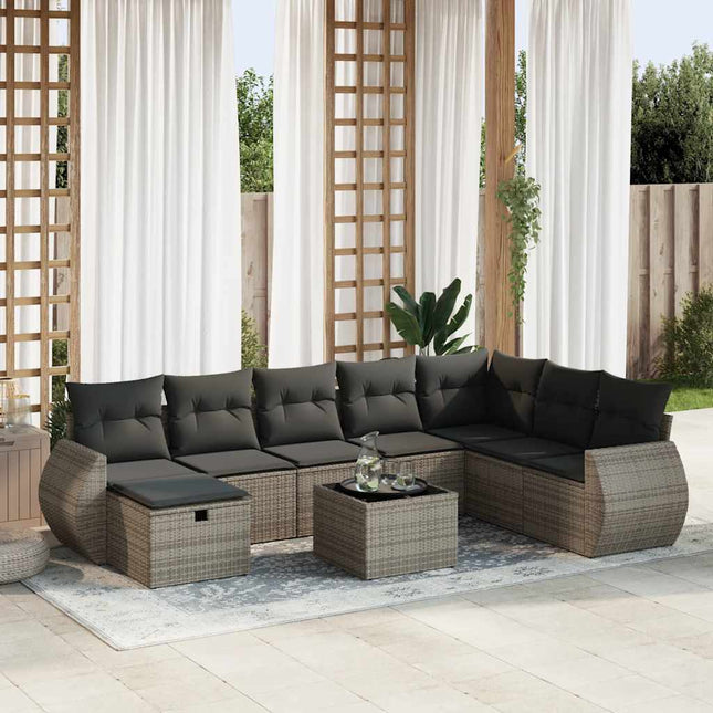 9-delige Loungeset met kussens poly rattan grijs