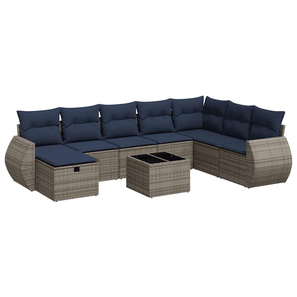 9-delige Loungeset met kussens poly rattan grijs