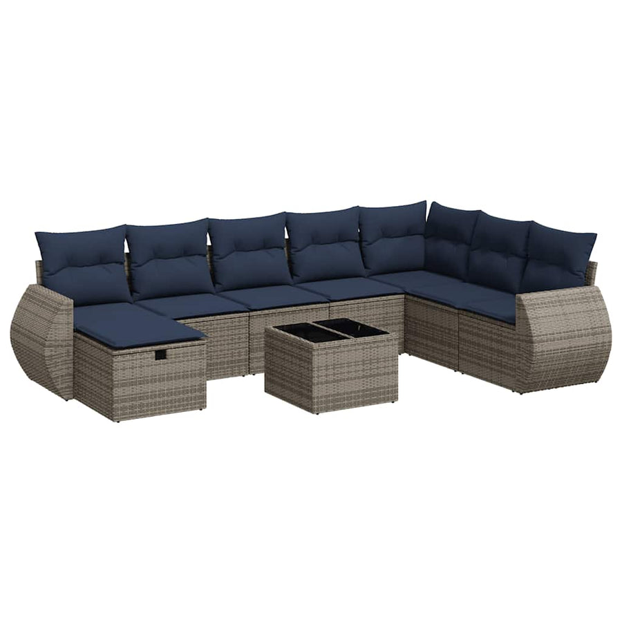 9-delige Loungeset met kussens poly rattan grijs