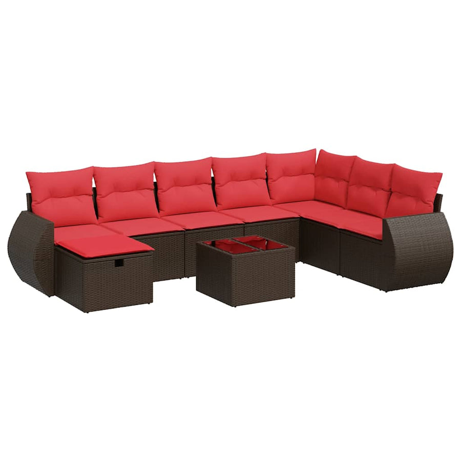9-delige Loungeset met kussens poly rattan bruin