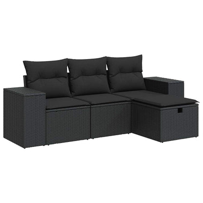 4-delige Loungeset met kussens poly rattan zwart