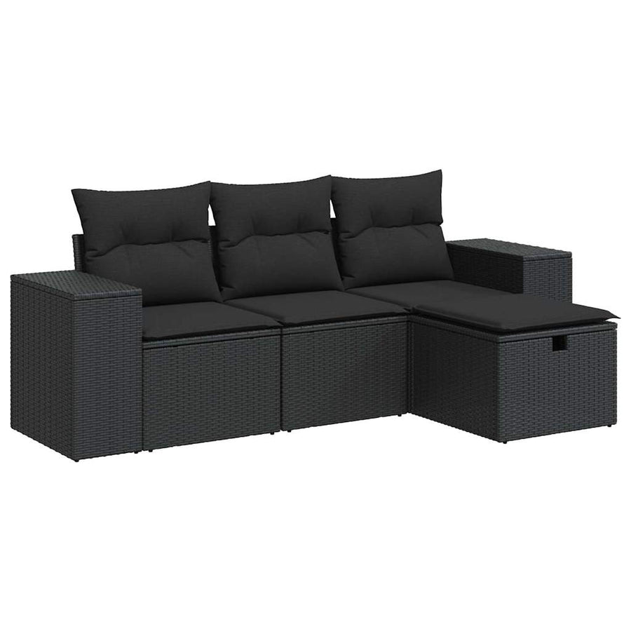 4-delige Loungeset met kussens poly rattan zwart