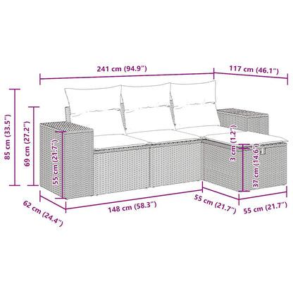 4-delige Loungeset met kussens poly rattan zwart