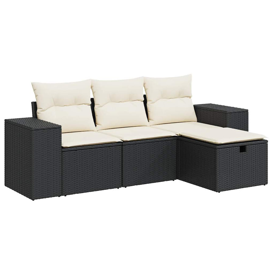 4-delige Loungeset met kussens poly rattan zwart
