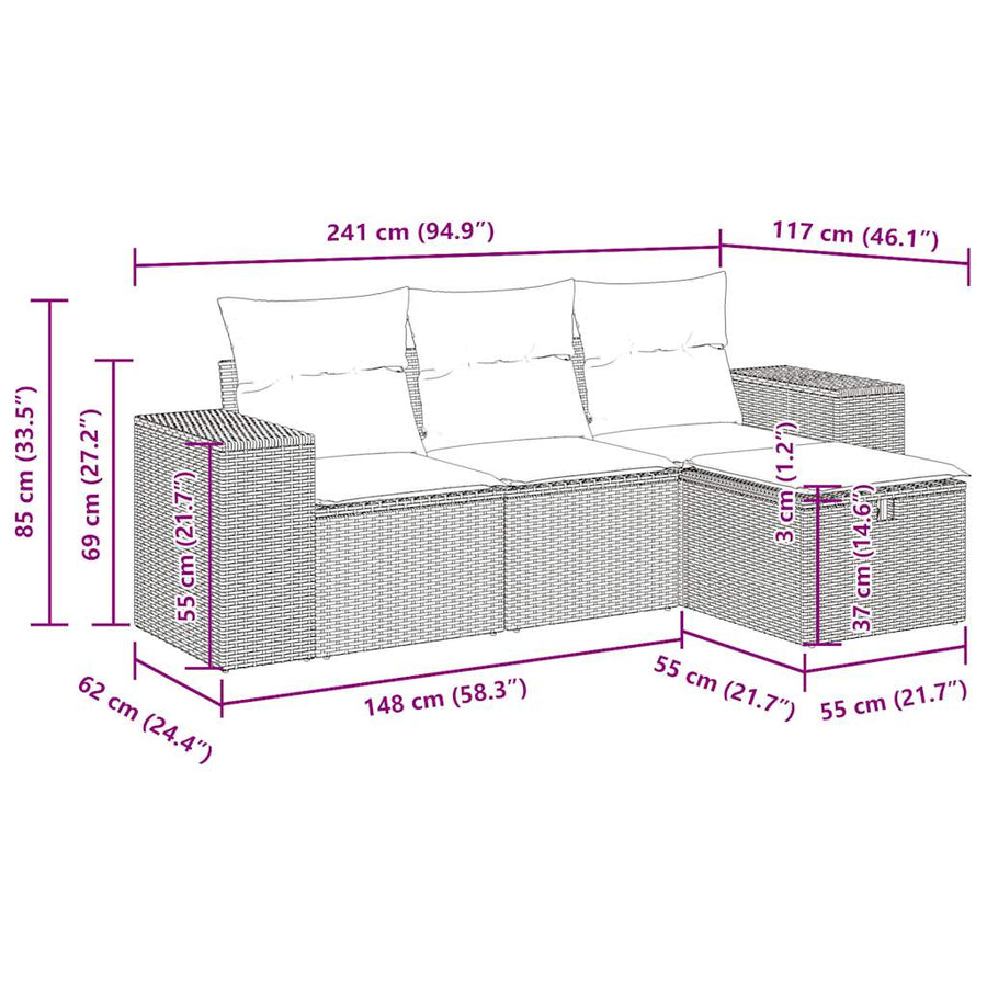 4-delige Loungeset met kussens poly rattan zwart