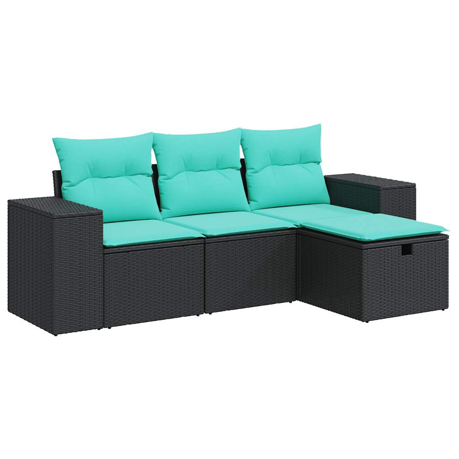 4-delige Loungeset met kussens poly rattan zwart
