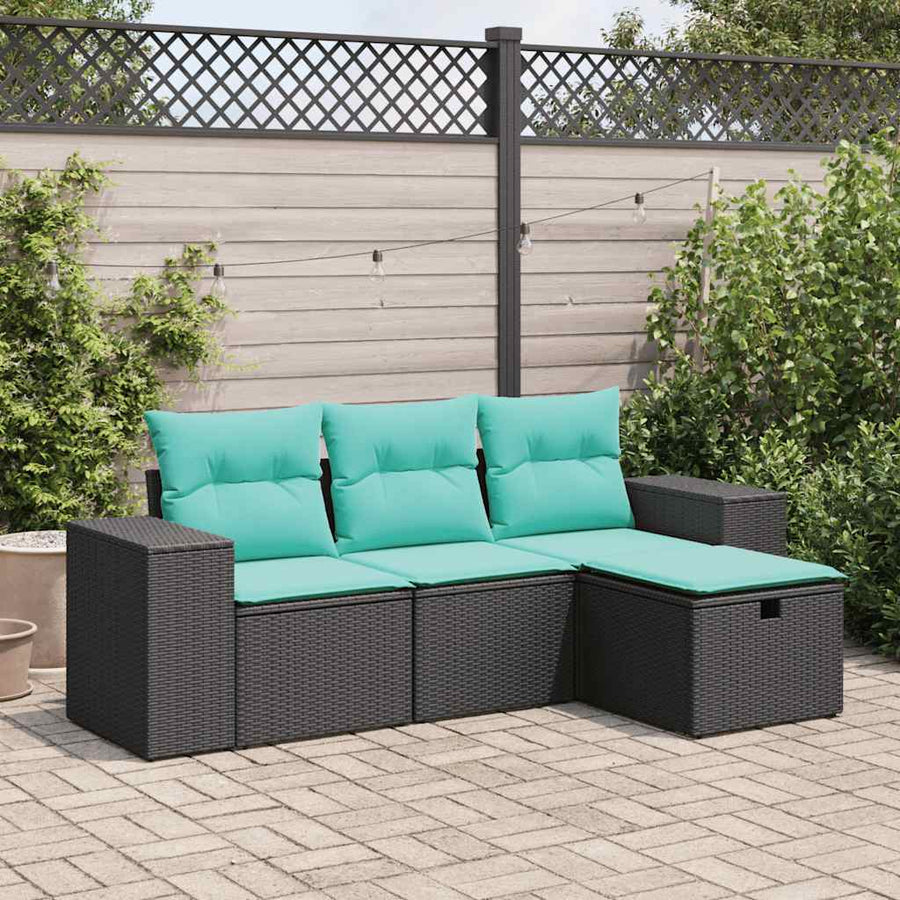 4-delige Loungeset met kussens poly rattan zwart