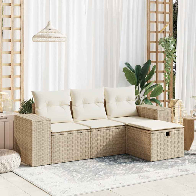 4-delige Loungeset met kussens poly rattan beige