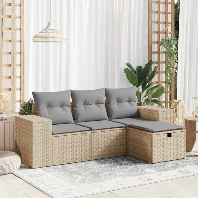 4-delige Loungeset met kussens poly rattan beige