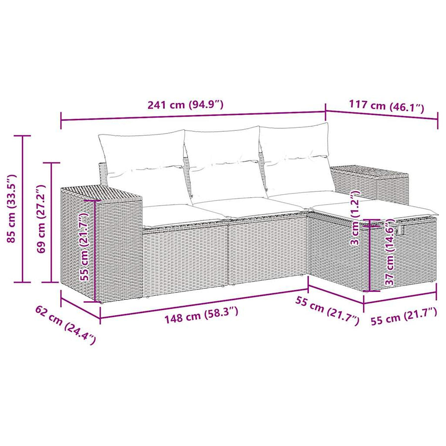4-delige Loungeset met kussens poly rattan grijs