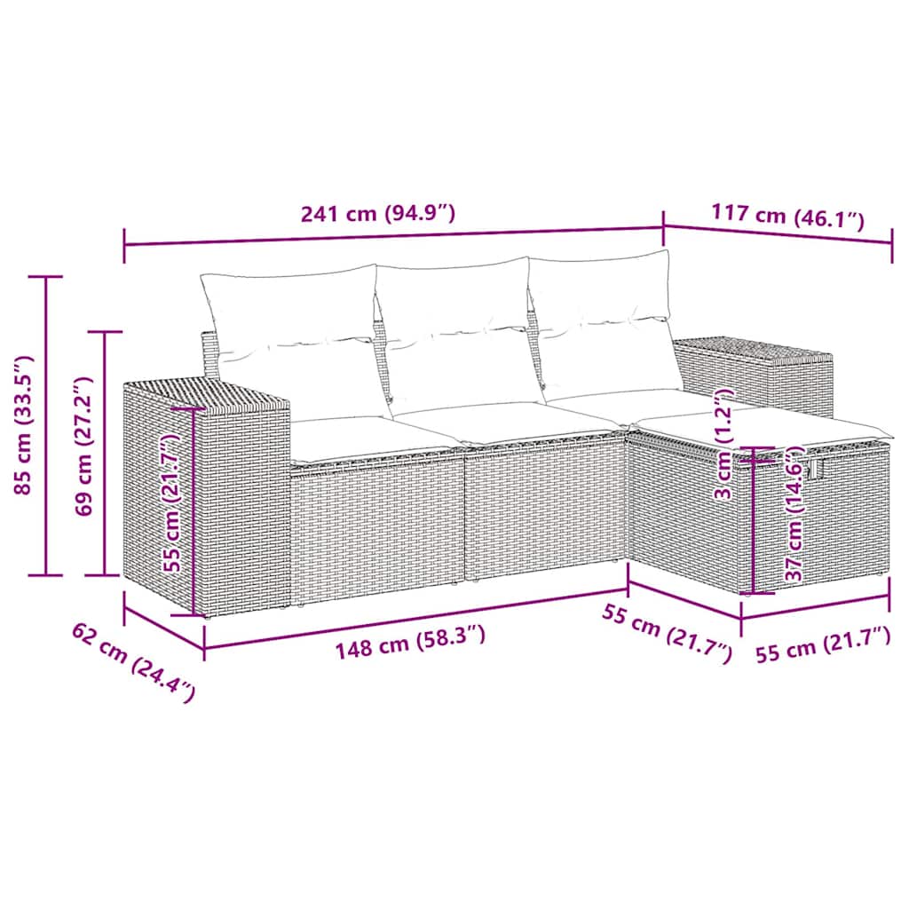 4-delige Loungeset met kussens poly rattan grijs