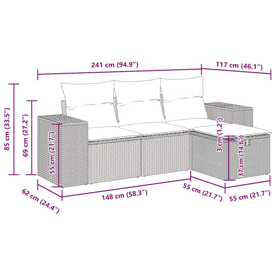 4-delige Loungeset met kussens poly rattan grijs