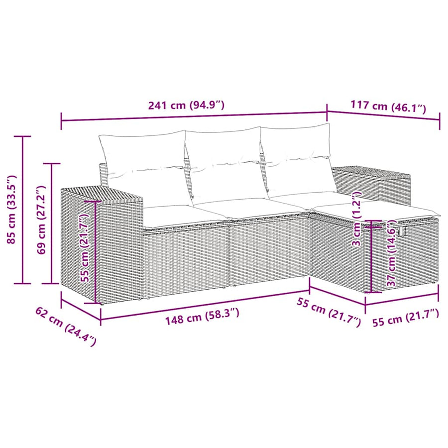 4-delige Loungeset met kussens poly rattan bruin