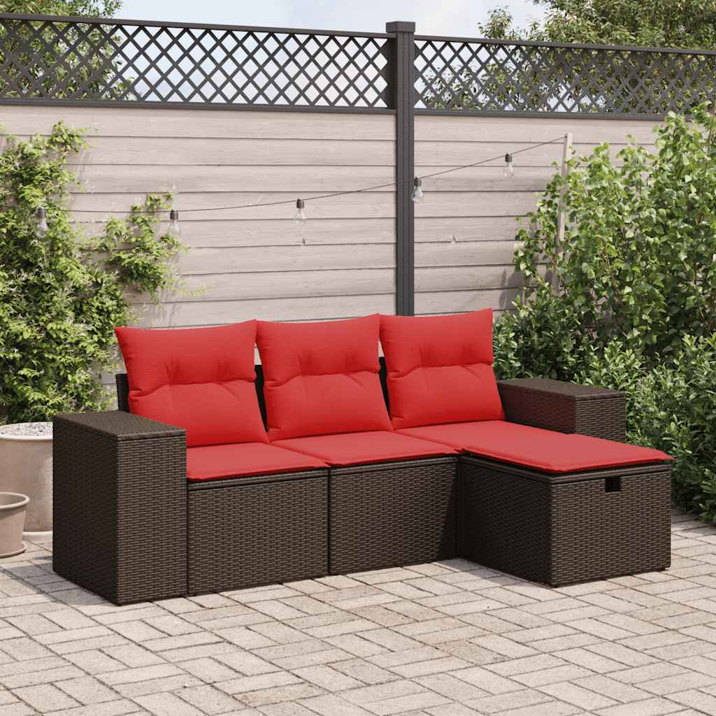 4-delige Loungeset met kussens poly rattan bruin