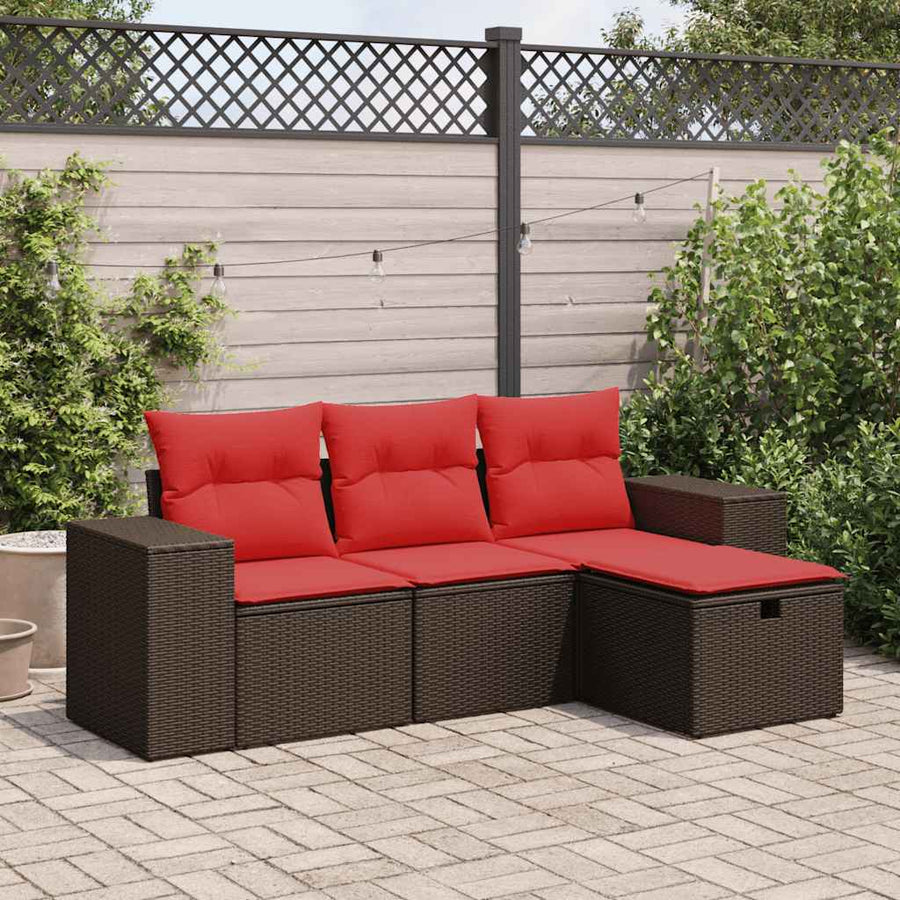4-delige Loungeset met kussens poly rattan bruin