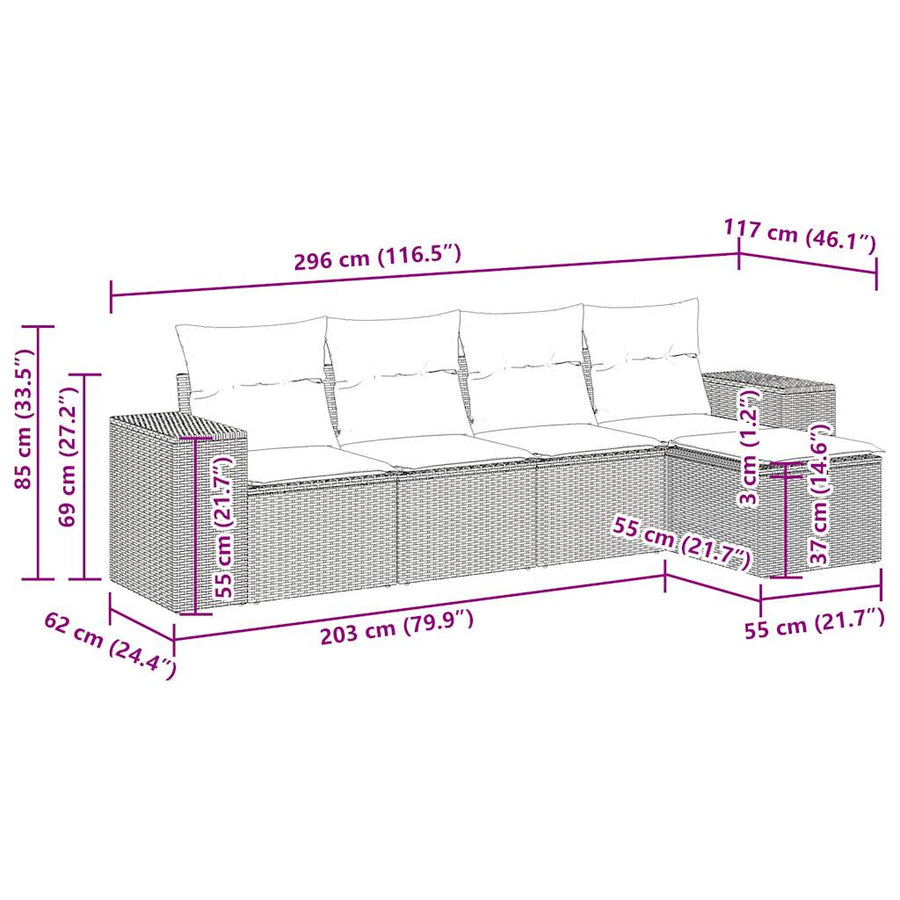 5-delige Loungeset met kussens poly rattan zwart
