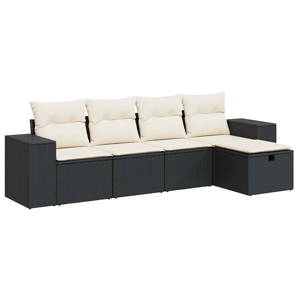 5-delige Loungeset met kussens poly rattan zwart