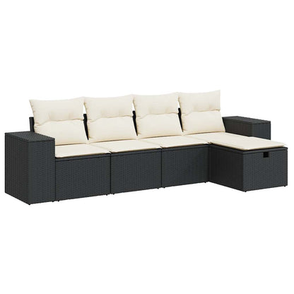 5-delige Loungeset met kussens poly rattan zwart