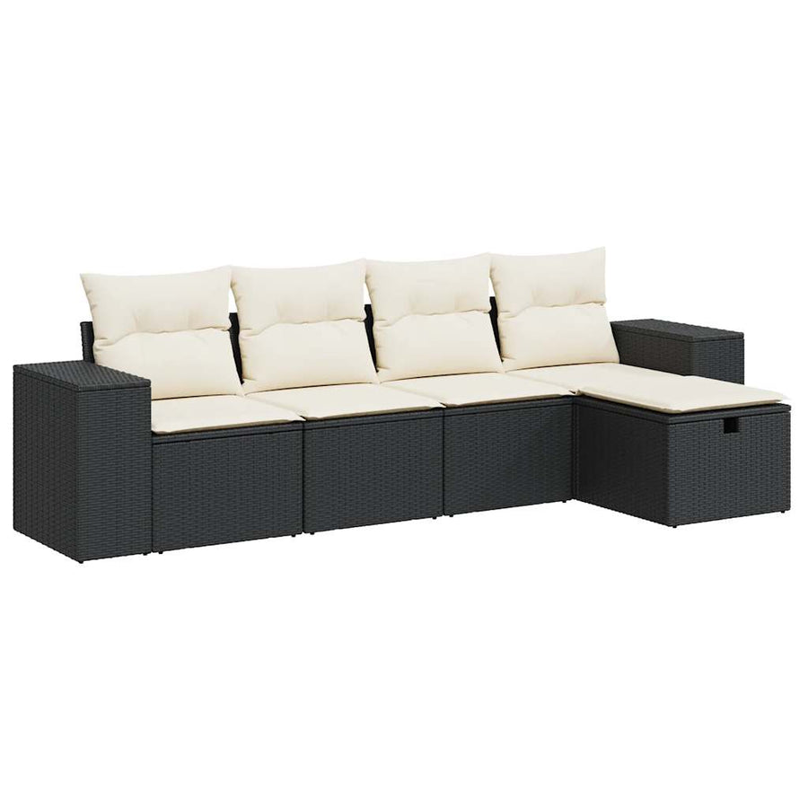5-delige Loungeset met kussens poly rattan zwart