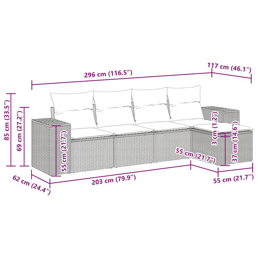 5-delige Loungeset met kussens poly rattan zwart