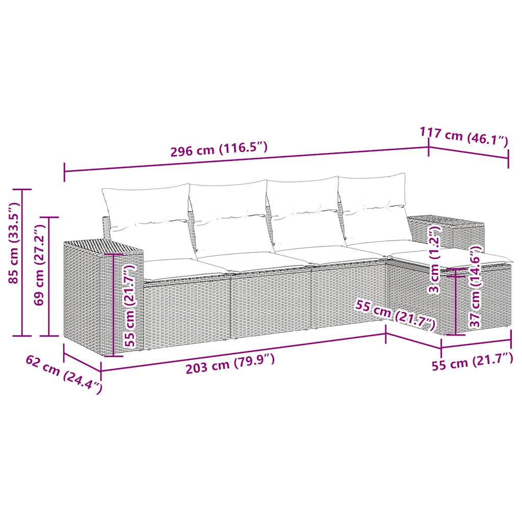 5-delige Loungeset met kussens poly rattan grijs