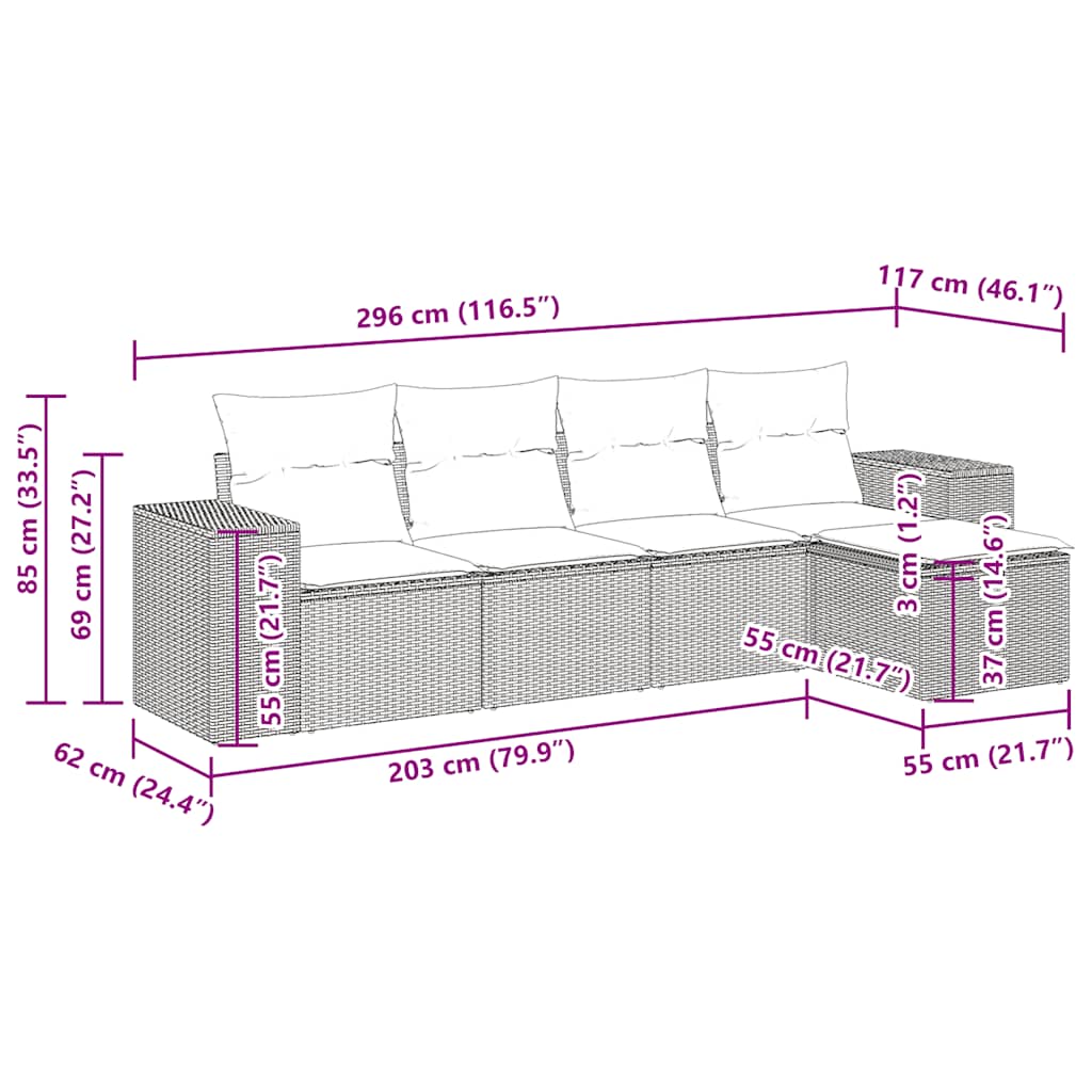 5-delige Loungeset met kussens poly rattan grijs