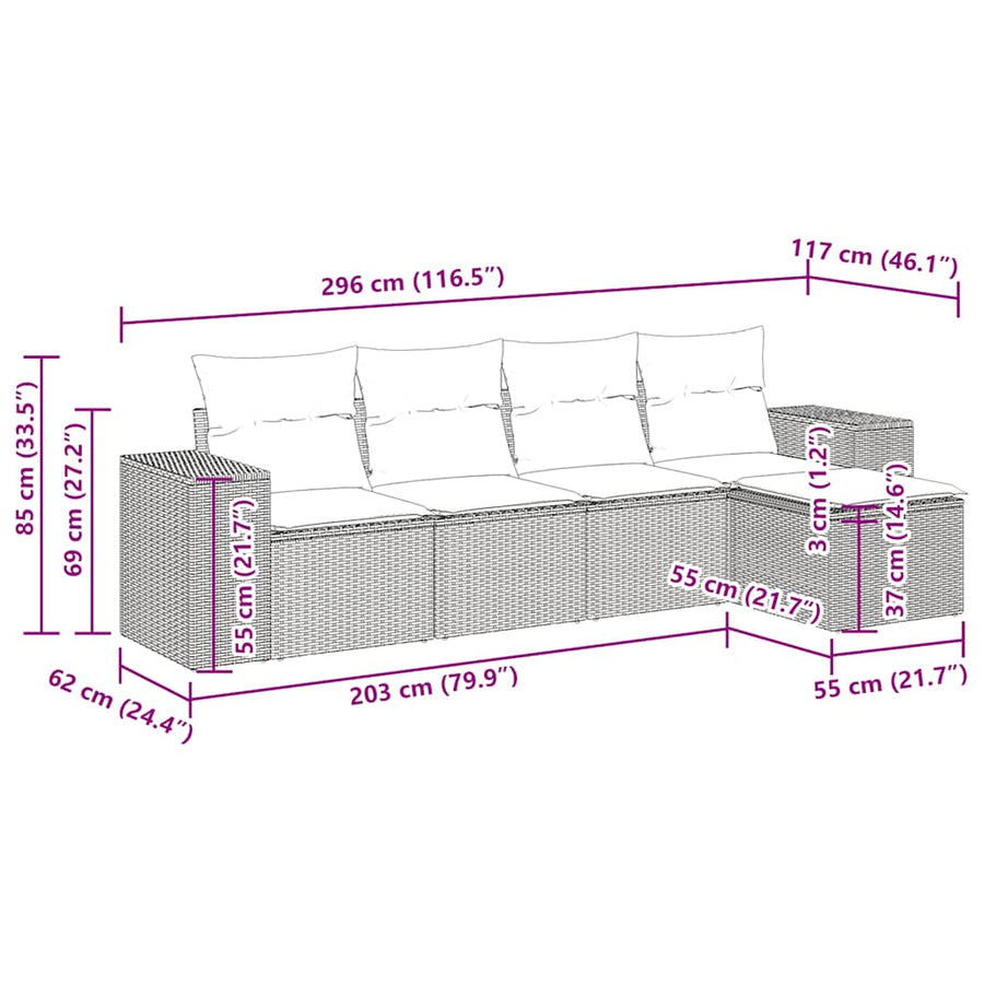 5-delige Loungeset met kussens poly rattan grijs