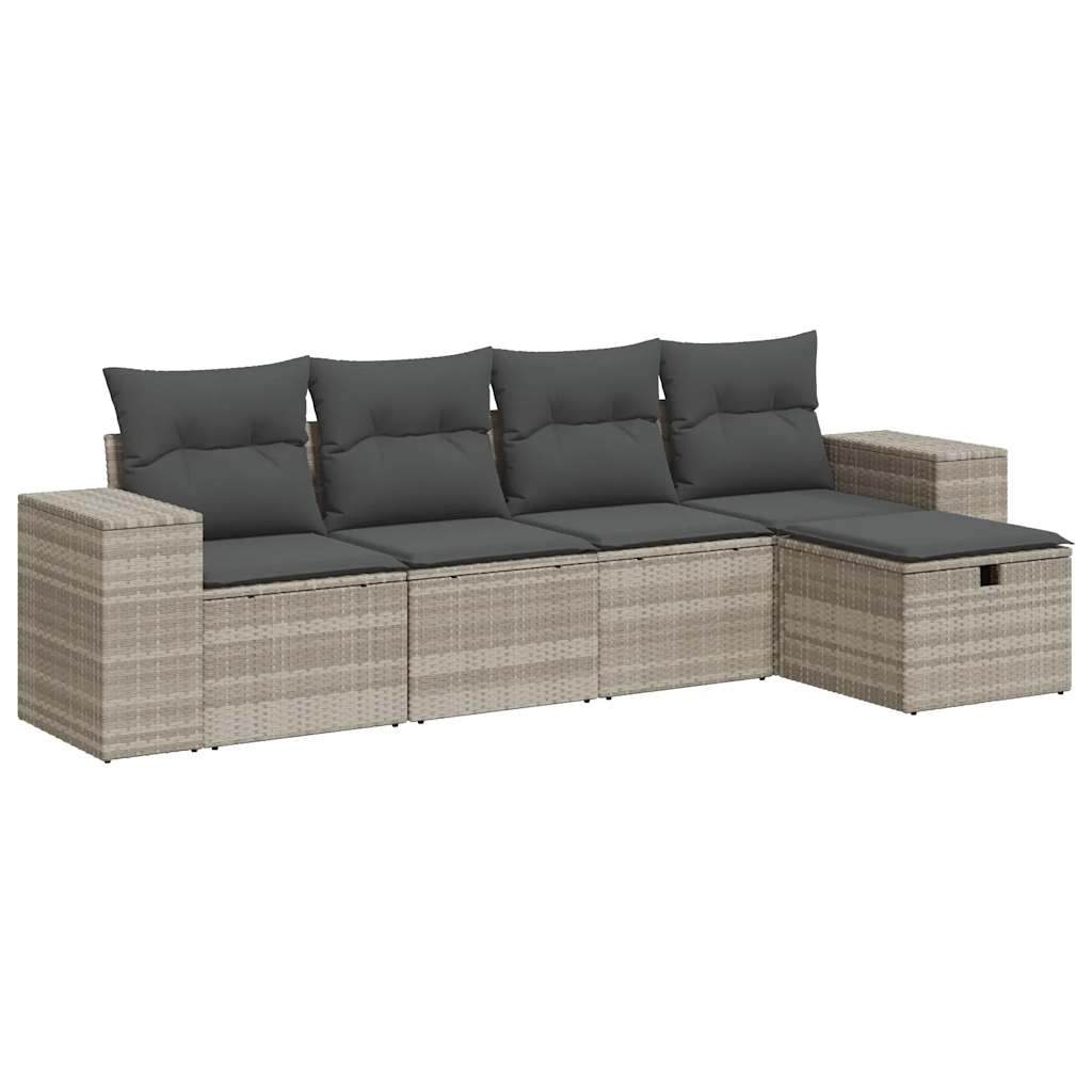 5-delige Loungeset met kussens poly rattan lichtgrijs
