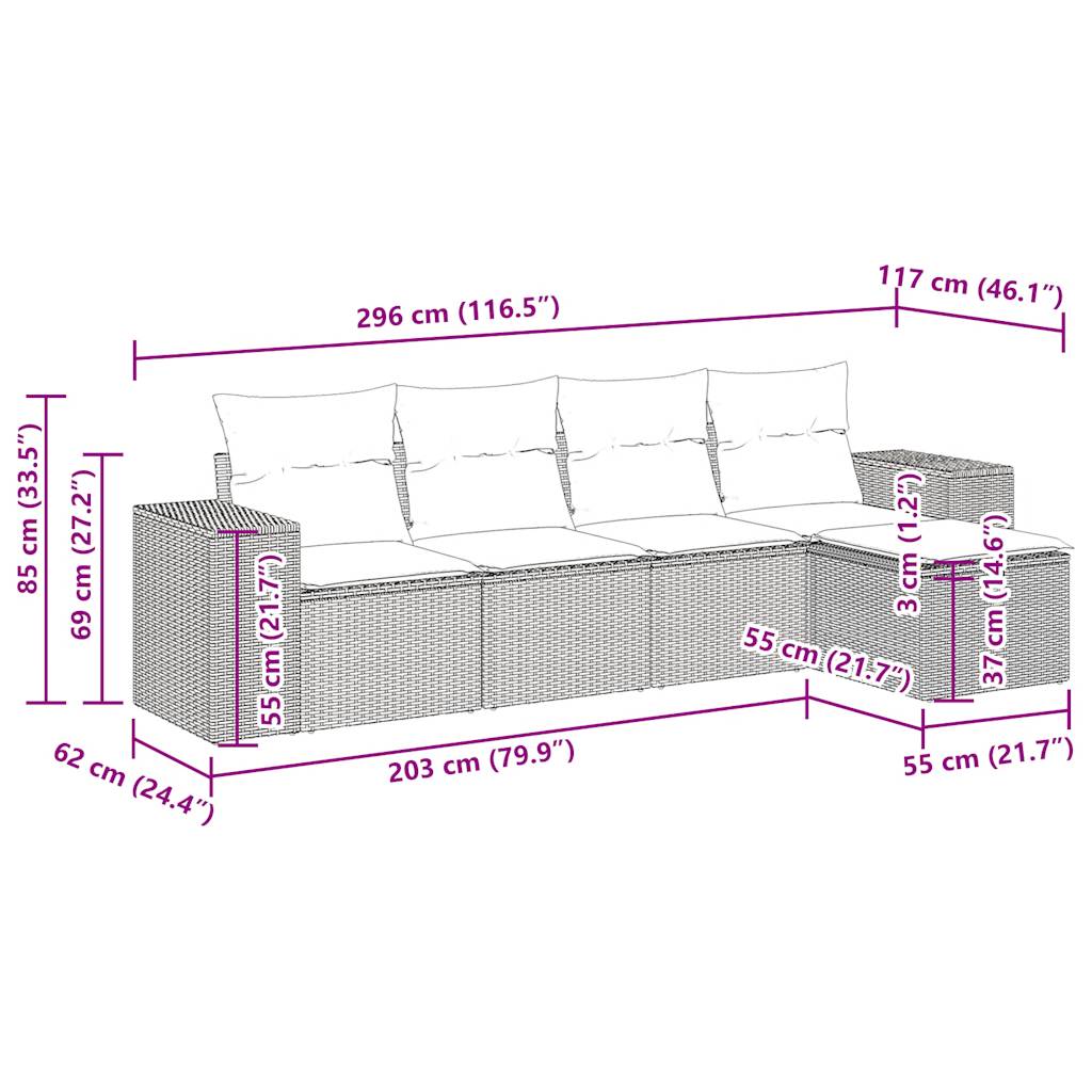 5-delige Loungeset met kussens poly rattan lichtgrijs