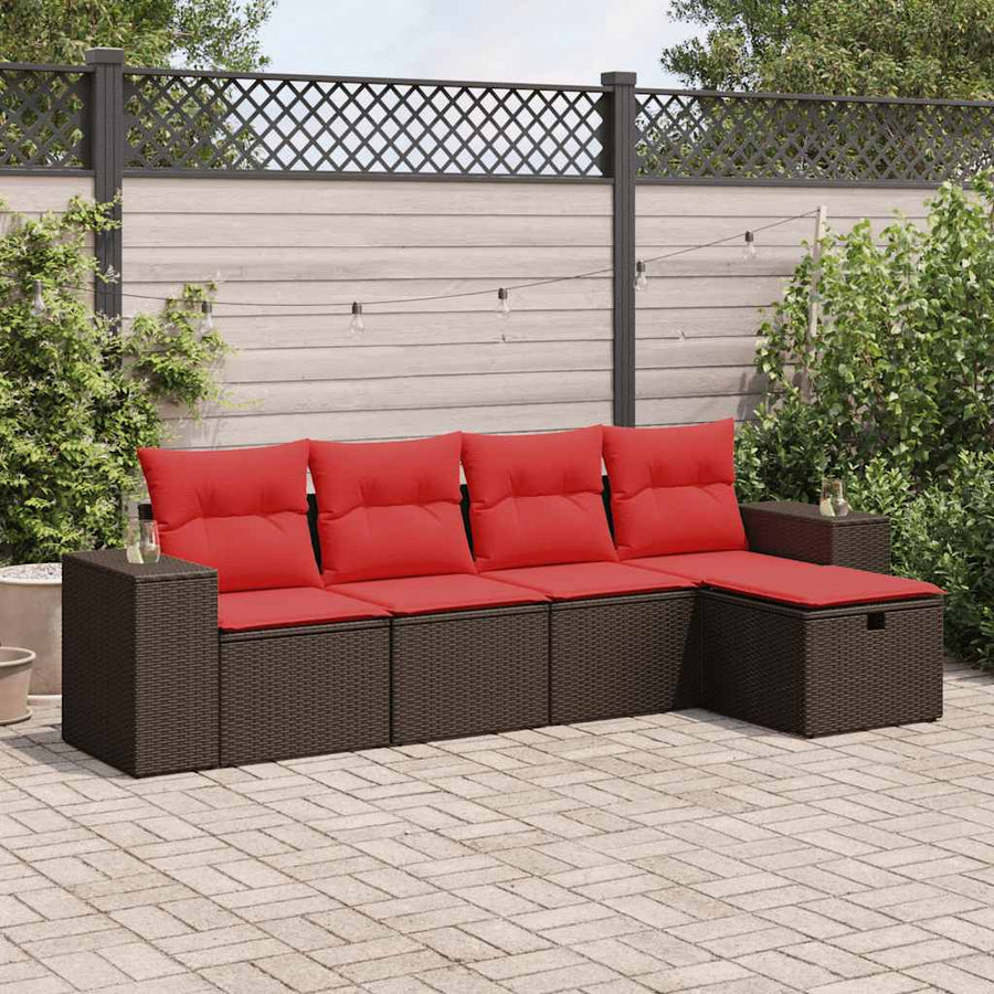 5-delige Loungeset met kussens poly rattan bruin