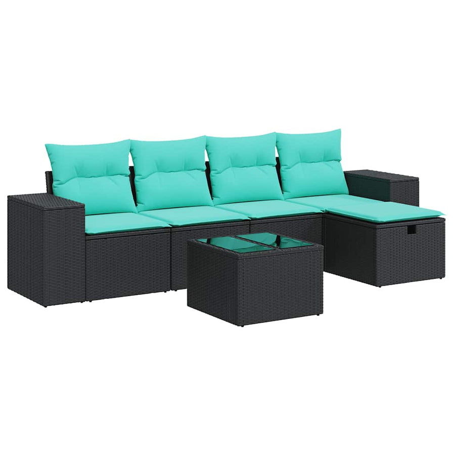 6-delige Loungeset met kussens poly rattan zwart